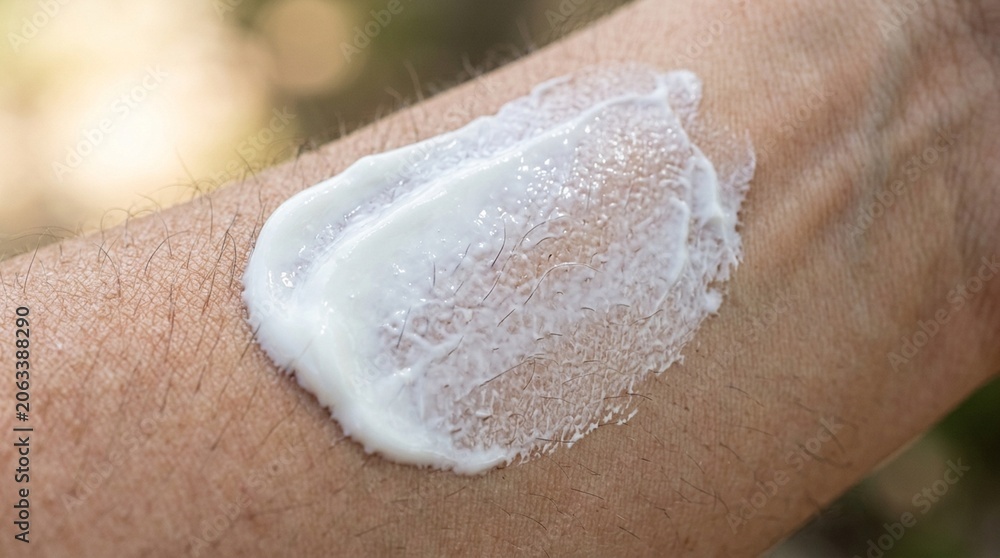 Fototapeta premium Sunscreen White Cream Application on Skin Close-Up