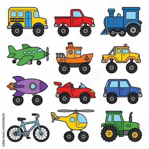 Vehicles including trains, planes, and tractors are arranged in a grid with bright colors and textures.