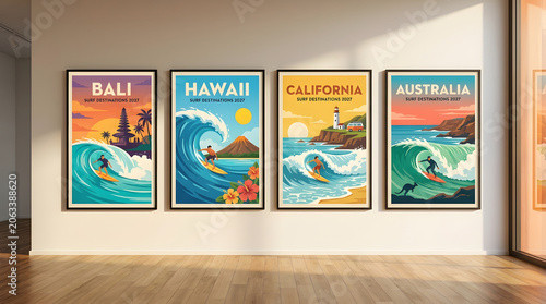 Travel Posters Featuring Surfers And Tropical Landscapes Vector Illustration Style bali california australia hawaii surf. Generative AI image