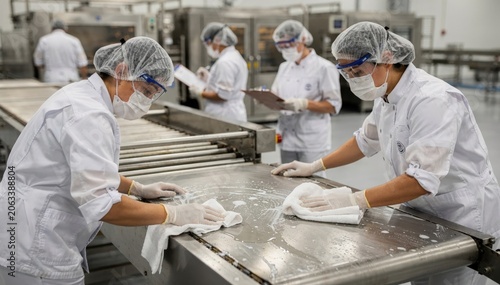 Medium shot showing staff performing wetclean and dryclean procedures by wiping and drying conveyor belts meticulously recording all stages of the line changeover.