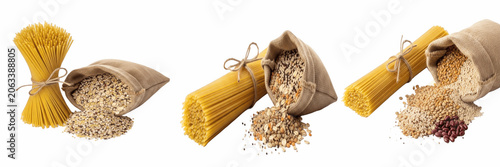 Fotografie Set of bundle of dry spaghetti pasta tied with string next to a rustic burlap sack filled with grain oats isolated on transparent background, png