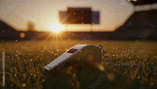 A close-up of a metallic sports whistle resting on the grass of an empty stadium field at sunset with lens flare.