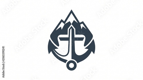 Religious Cross Anchor Symbol with Mountain Peak Silhouette Icon
