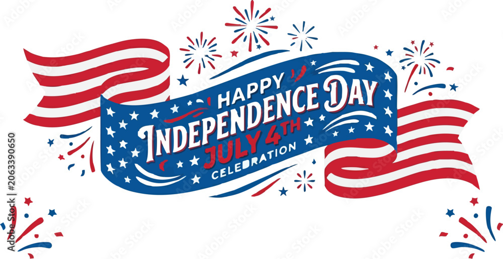Obraz premium Independence Day banner displays a patriotic American flag ribbon design with celebratory fireworks for the fourth of July.