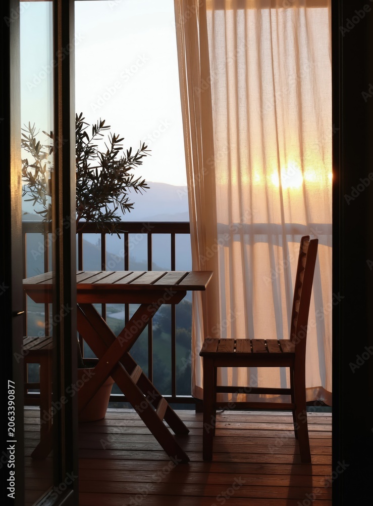 Naklejka premium Wooden balcony furniture with a tree sits near railings. Soft curtains blow gently in warm sunrise light overlooking misty hills. Peaceful morning view.