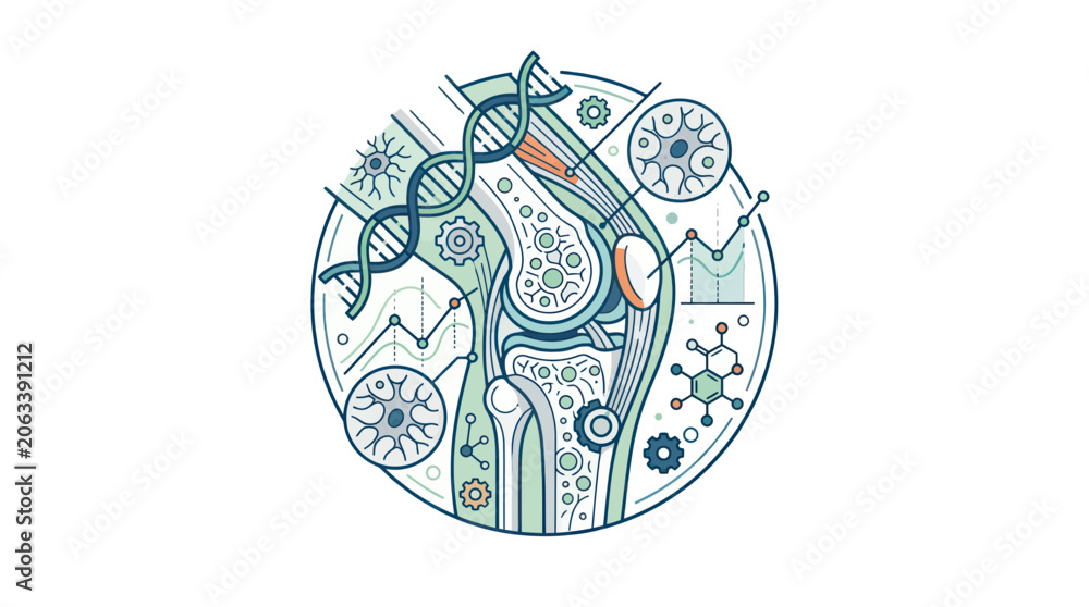 Fototapeta premium Knee Joint Anatomy, DNA, Cells, and Scientific Research Illustration