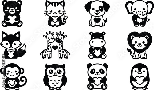 Canvas Print Collection of cute cartoon animal characters holding hearts for Valentine Day