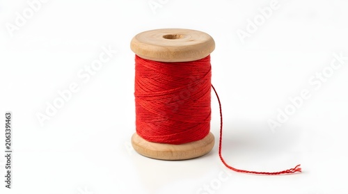 Red thread wound around a wooden spool on a white background