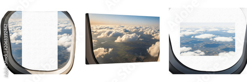 Obraz na płótnie Set of airplane window view framing scenic white fluffy clouds floating over a beautiful landscape under a deep blue sky, high altitude travel vacation concept