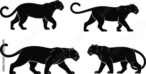 Tableau sur toile Black panther silhouettes vector graphics set featuring big cats creeping prowli
