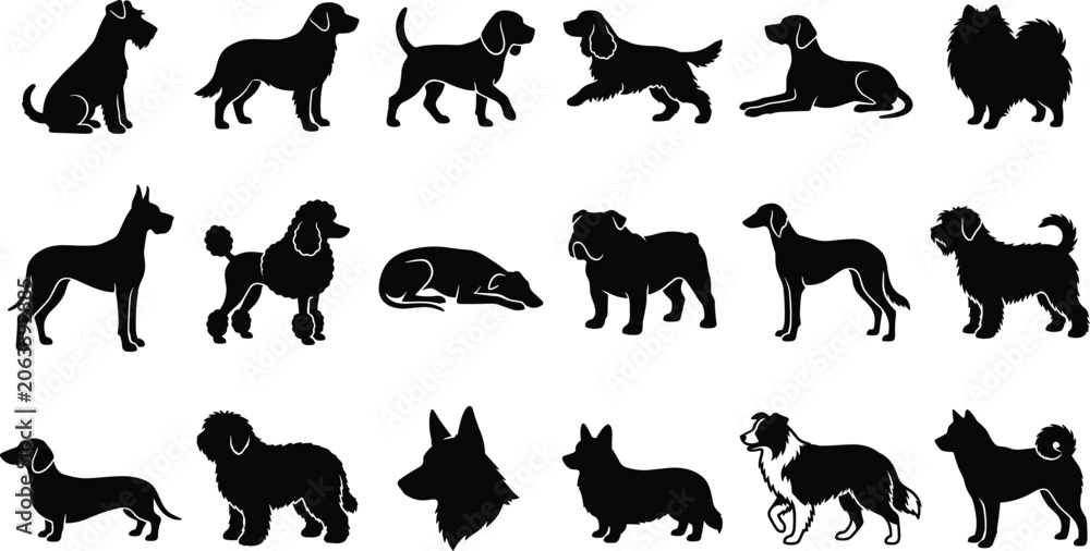 Obraz premium Collection of various dog breed silhouettes isolated on white background.