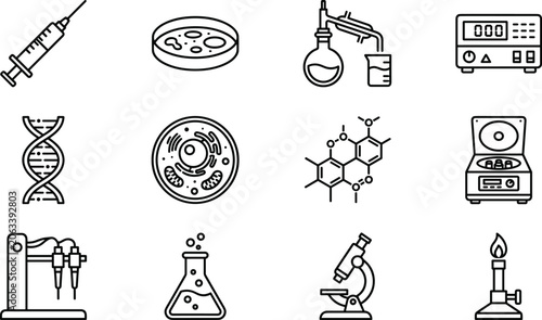 Tableau sur toile Set of scientific laboratory equipment and research icons.