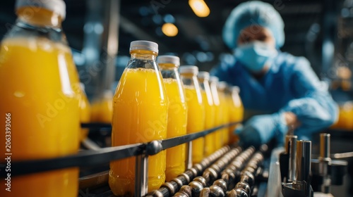 Manufacturer checking product bottles fruit juice on the conveyor belt in the beverage factory. worker checks product bottles in beverage factory. Inspection quality control
