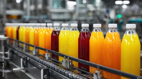product bottles fruit juice on the conveyor belt in the beverage factory, industrial, manufacture, production, line, plant, technology, juice, machine, machinery, equipment, automated
