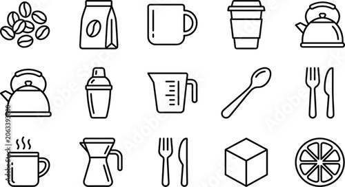 Obraz na płótnie Set of minimalist coffee and breakfast related outline icons.