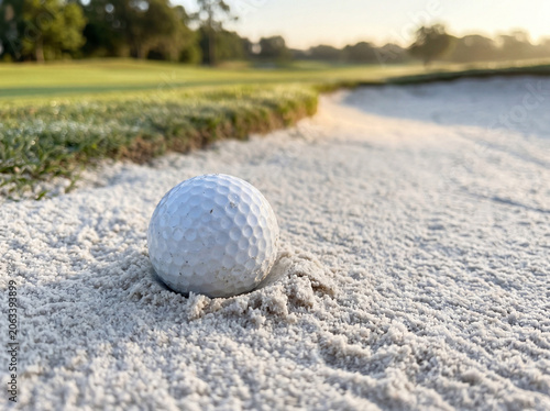 Close-up golf ball partially buried in clean white sand bunker, sharp focus on ball dimples, early morning sunlight, realistic golf course setting, shallow depth of field, 