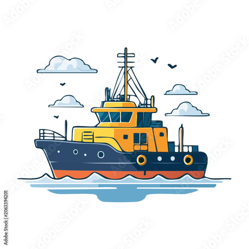 Flat design sailboat with clouds and birds