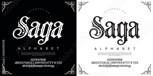 Saga font alphabet set featuring epic historical uppercase lowercase and numeric typography styles