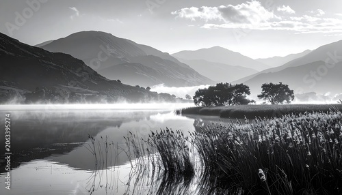 Black and white landscape featuring a calm lake reflecting distant mountains shrouded in mist and sunlight, reeds in the foreground