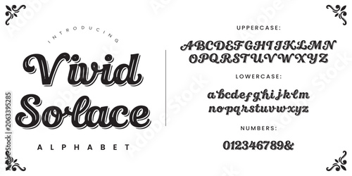 Vivid Solace font alphabet set with elegant uppercase lowercase and numeric characters for design