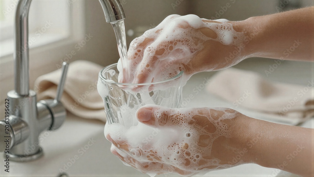 Fototapeta premium Hands washing glass under running water with soapy foam.