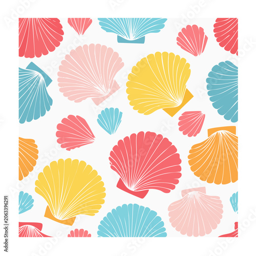 Colorful seashell repeating pattern on white background