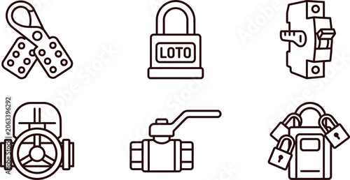 Photos Set of industrial safety and lockout tagout LOTO line icons featuring energy con