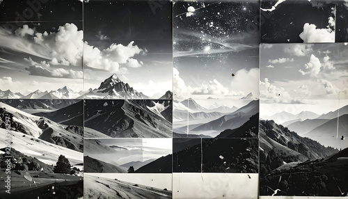 monochrome mountain landscape collage with glitch and texture effects, digital interference, artistic layering of peaks and clouds