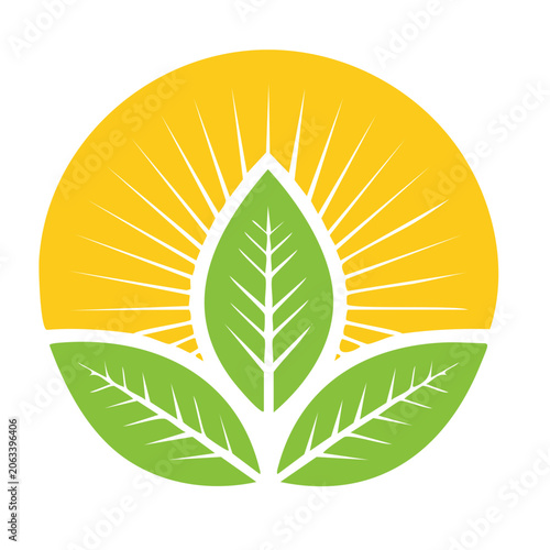 Green leaf and sun rays icon in flat design