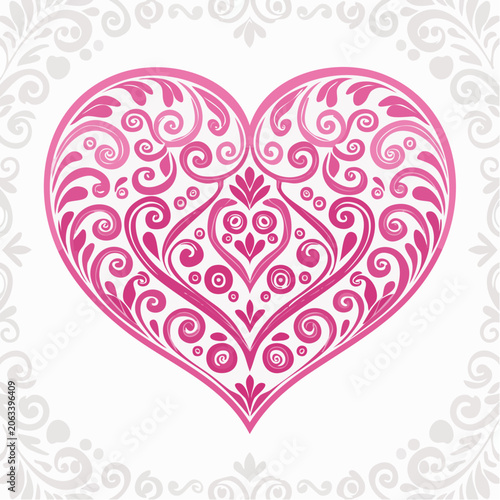 Ornate Pink Heart with Swirls and Floral Motifs