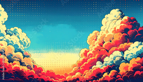 Pixel art sunset sky with vibrant orange and red clouds, retro video game aesthetic background
