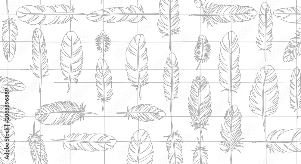 Fototapeta premium An illustration of various feathers arranged on a grid background in a creative pattern