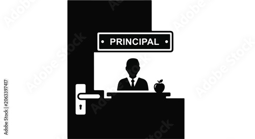 Principal office door sign with silhouette of man sitting at desk