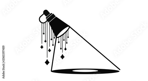 Black and white illustration of a perfume bottle spraying fragrance