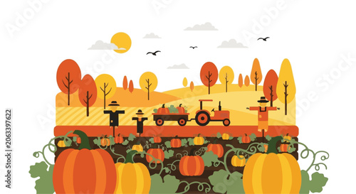 Fall harvest scene with pumpkins and tractor