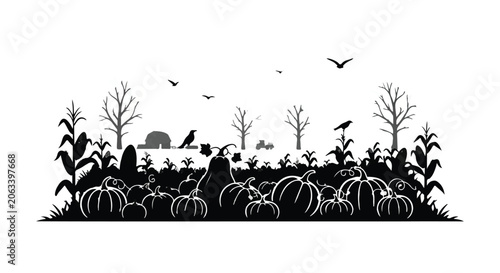 black silhouette of pumpkins and trees on white background for halloween