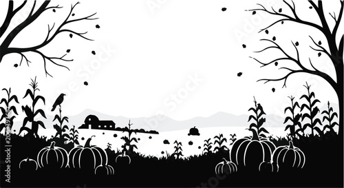black silhouette autumn landscape with pumpkins and trees