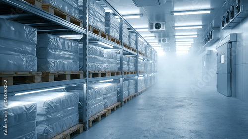 Cold storage warehouse with organized refrigerated shelves