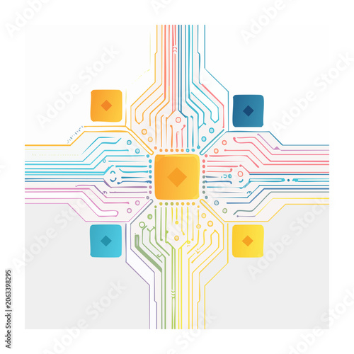 Colorful Circuit Board Illustration with Microchip