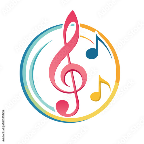 Colorful treble clef and music notes in a circle