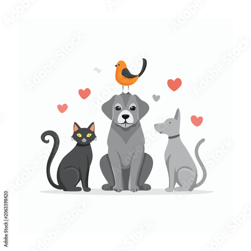 Cute cartoon dog cat and bird with hearts