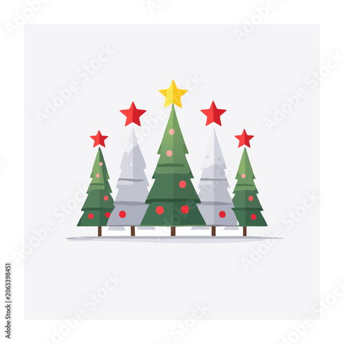 Flat Design Christmas Trees with Stars and Ornaments