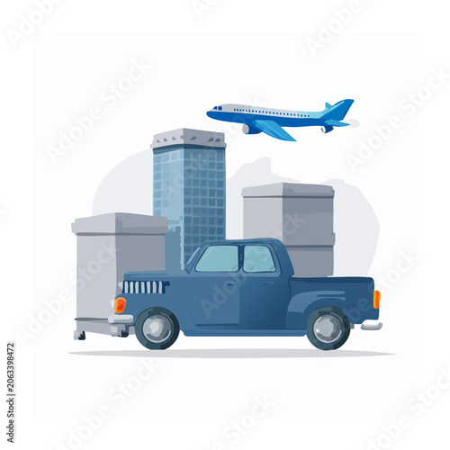 Flat design illustration of delivery truck and airplane over city