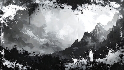 Grungy black and white mountain landscape with heavy ink splatter texture and dark vintage border