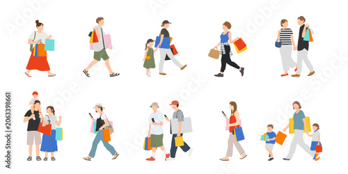 Tableau sur toile ショッピングを楽しむ人々のイラストセット｜買い物・家族・親子・カップル