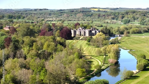 Longford Castle from a drone, River Avon, Salisbury, Wiltshire, England, Europe