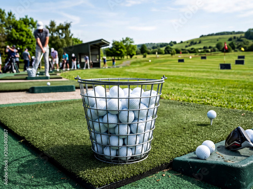 Bucket filled with white golf balls on driving range mat, realistic practice facility, bright natural light, golf training concept, large copy space, professional stock photography, 
