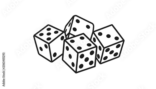 Black and white illustration of four dice, scattered on a white background, displaying various pips