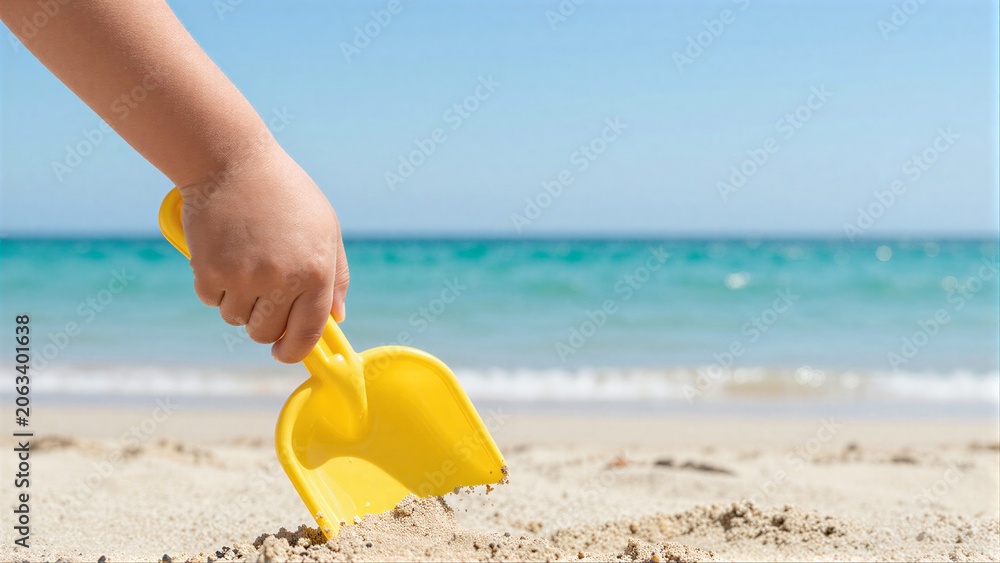 Obraz premium Child holds yellow shovel on sandy beach with turquoise ocean waves in background.