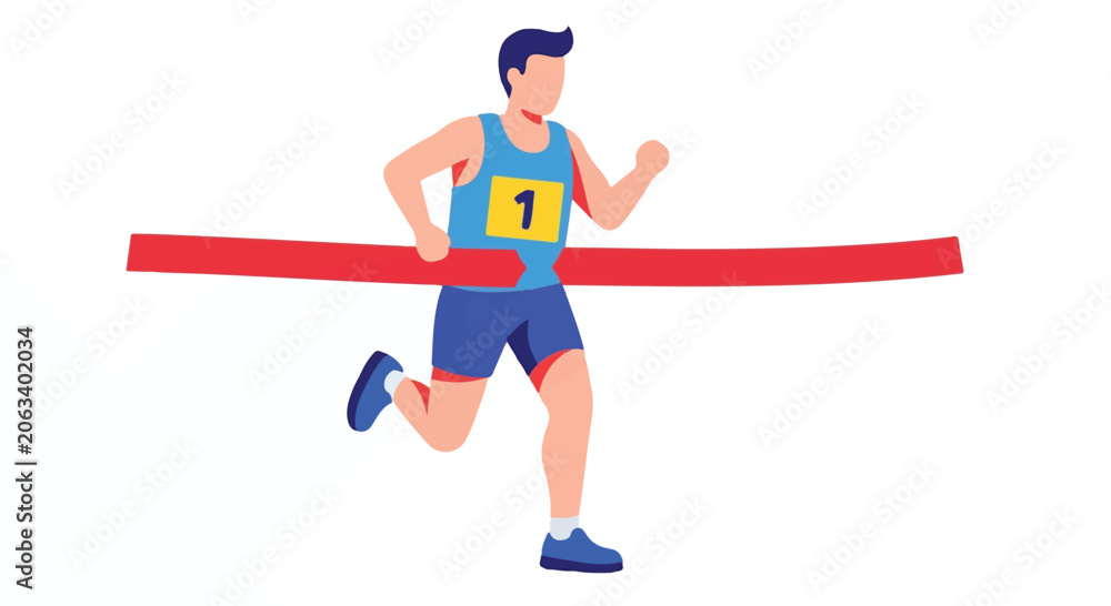 Fototapeta premium Man in blue uniform runs across finish line, winning athletic race